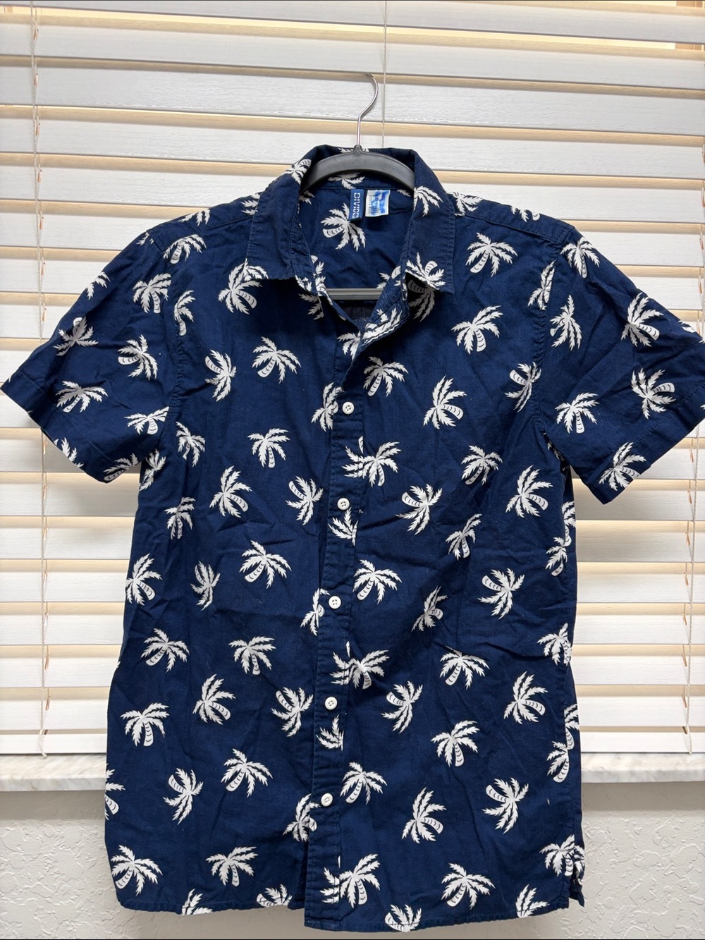 H&M Navy Short-Sleeve Palm Print Button-Down Shirt